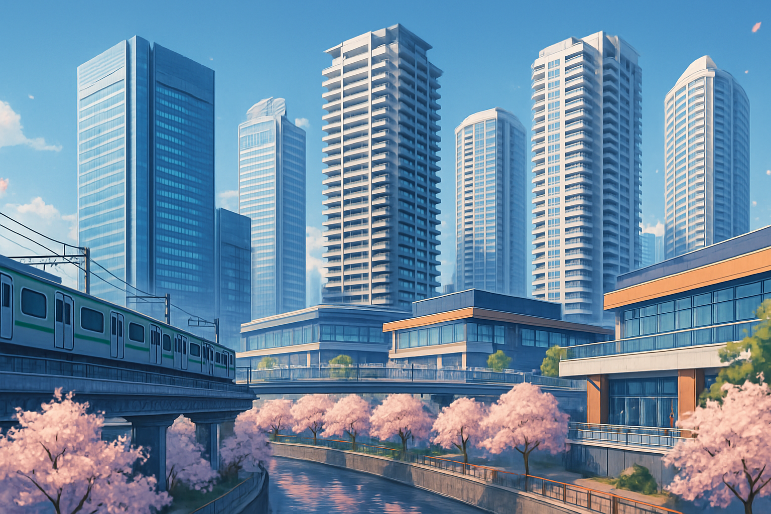 大崎駅前のタワーマンション群と目黒川の桜並木・山手線のイラスト（東京ベイハウス正直不動産ブログ）