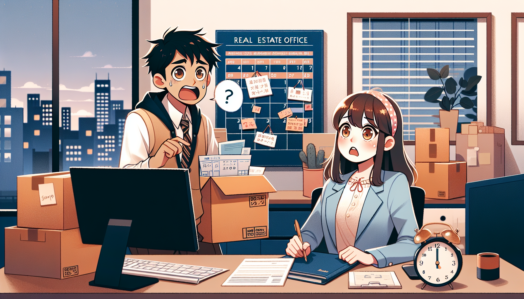 突然の転勤で慌てて解約予告を出す借主と新人営業マンのコミカルなイラスト