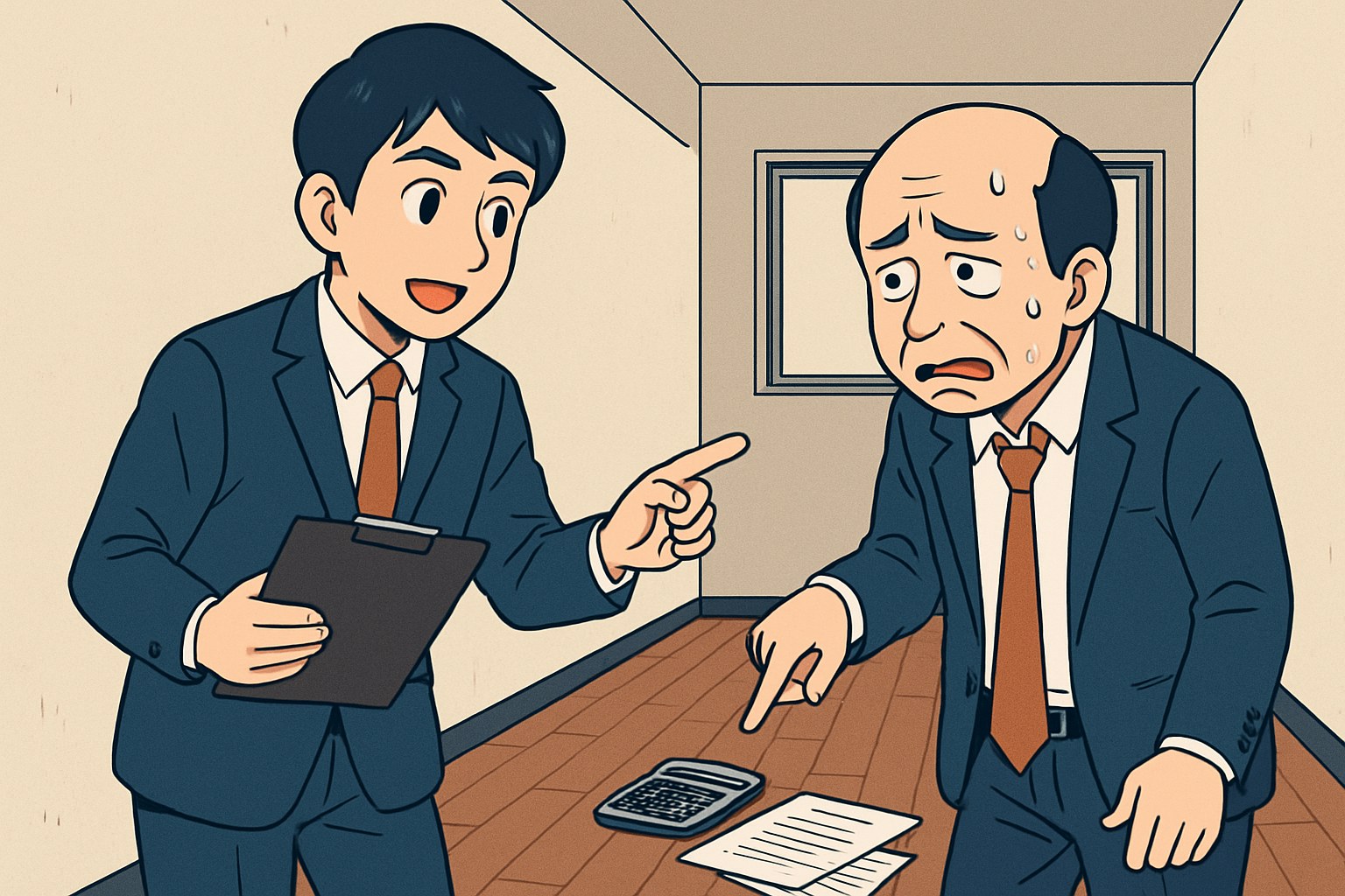 退去立会いで原状回復ガイドラインを説明する正直くんとくたびれたおじさん