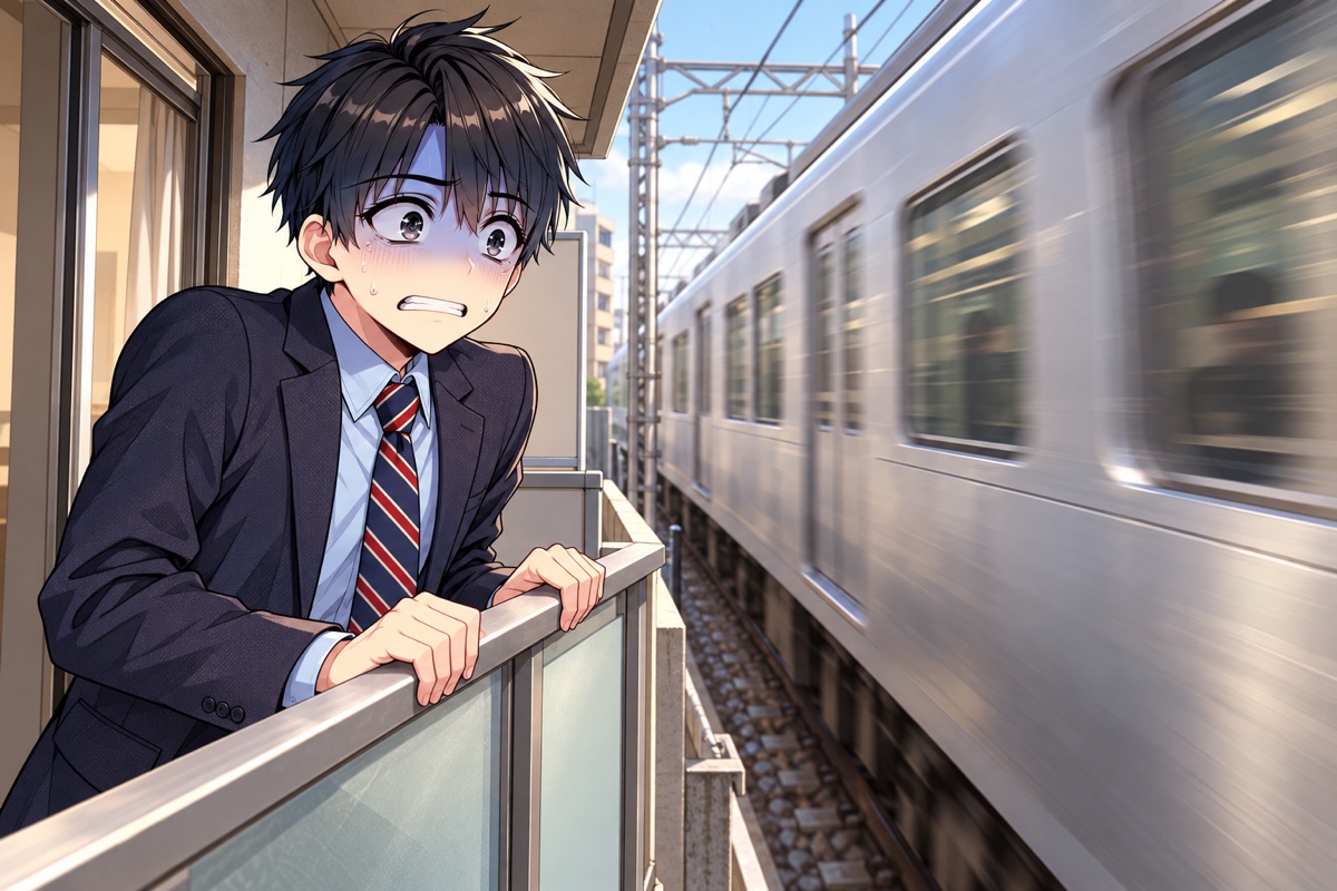 線路の真横のベランダで