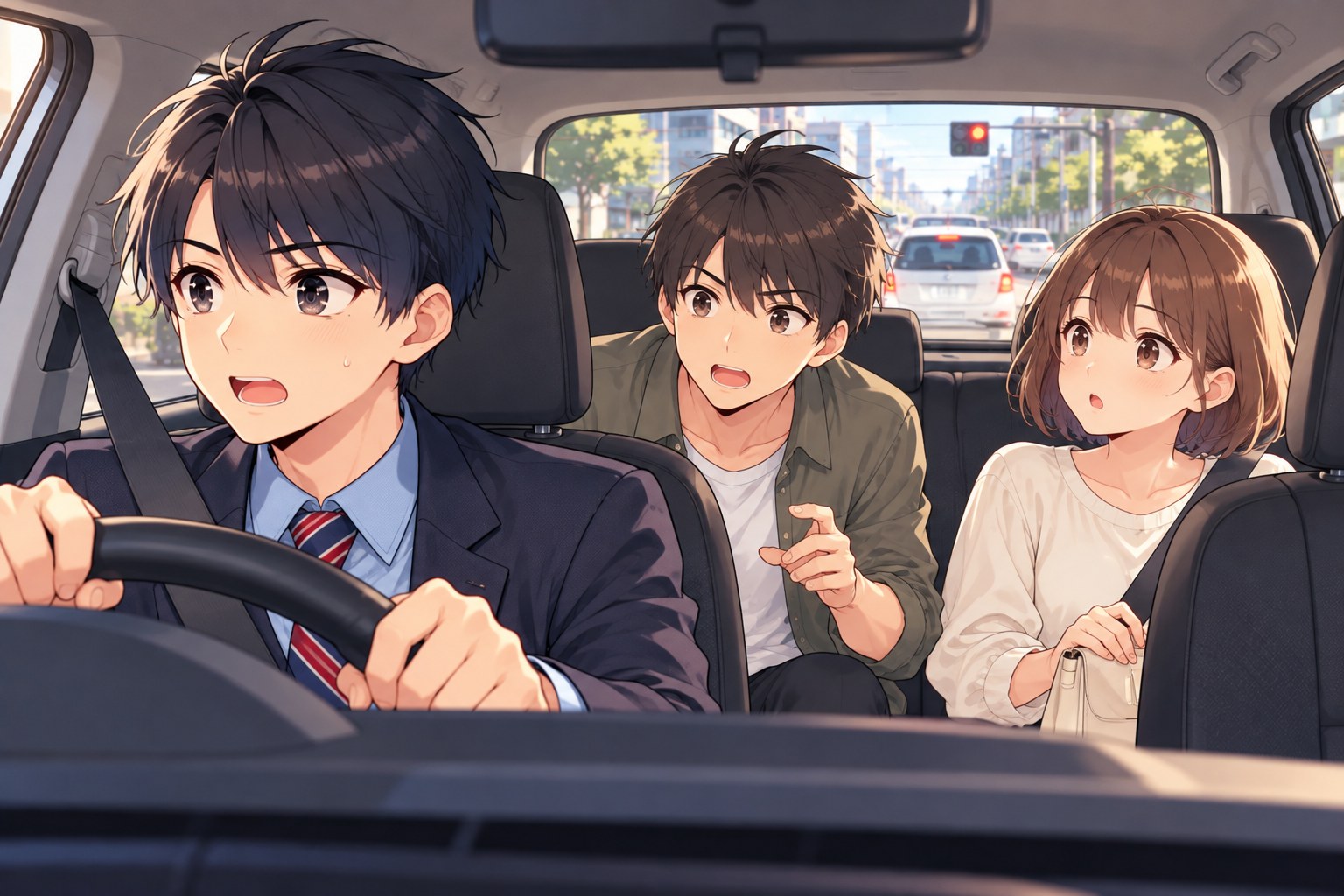 赤信号の車内。「ですよね！！」と身を乗り出す彼氏さん