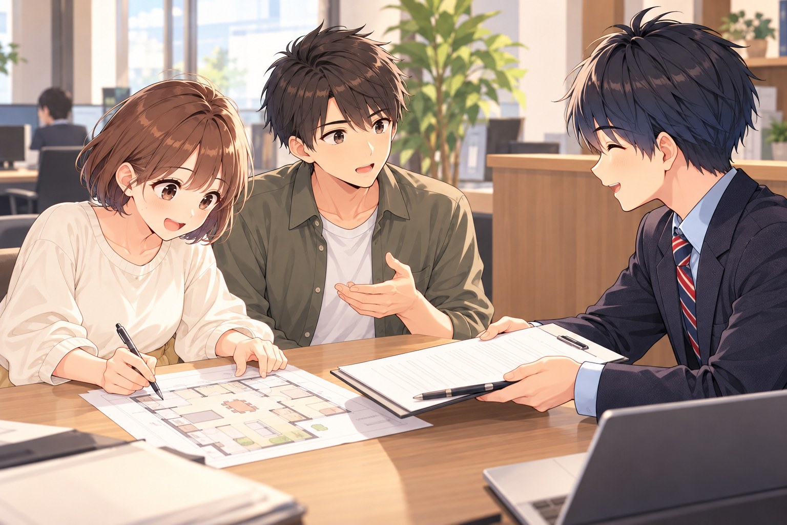 店のカウンターで申込書を書く二人