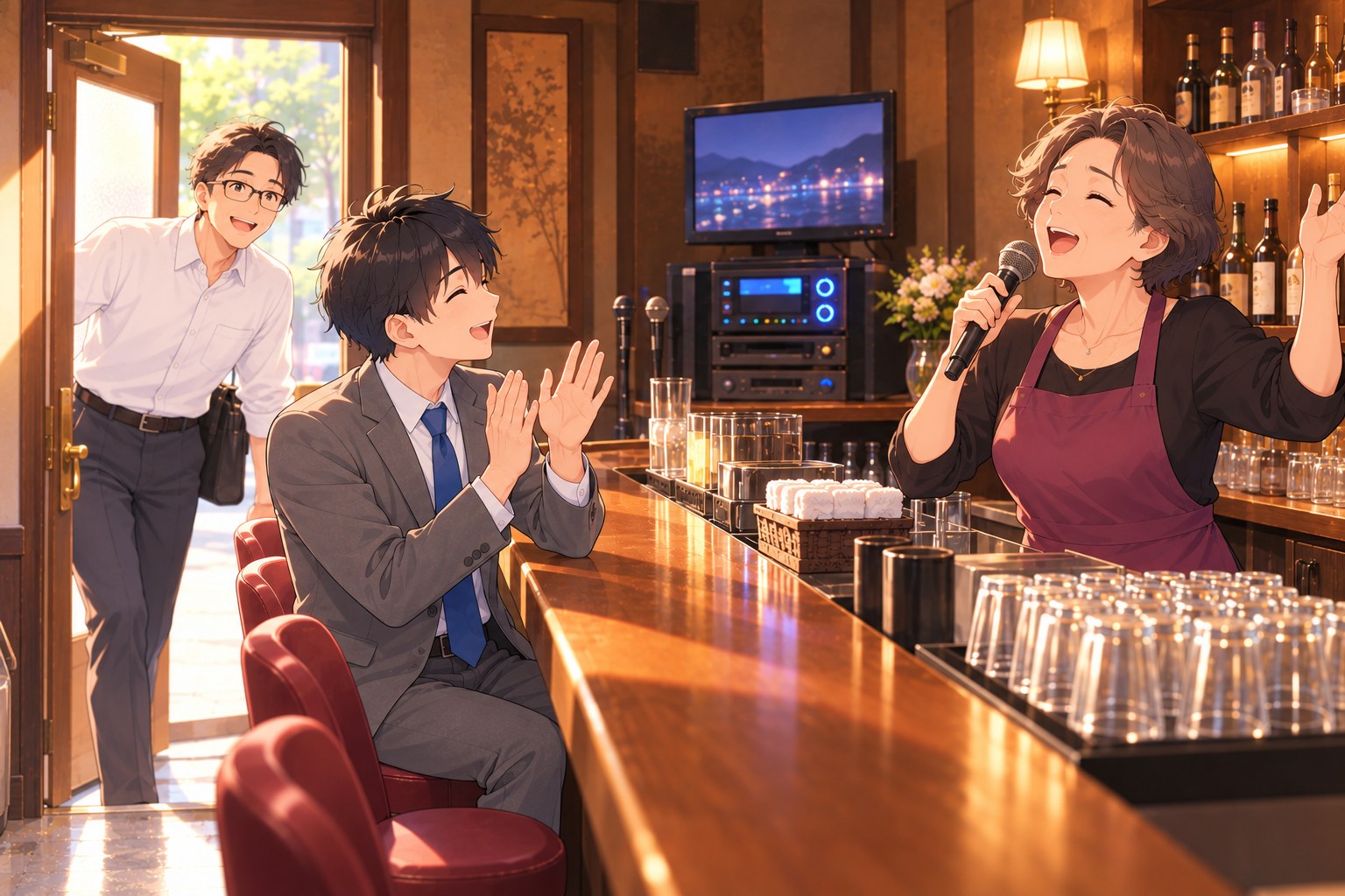 演歌を熱唱するママと手を叩く正直くん、入口からのぞき込むお客様