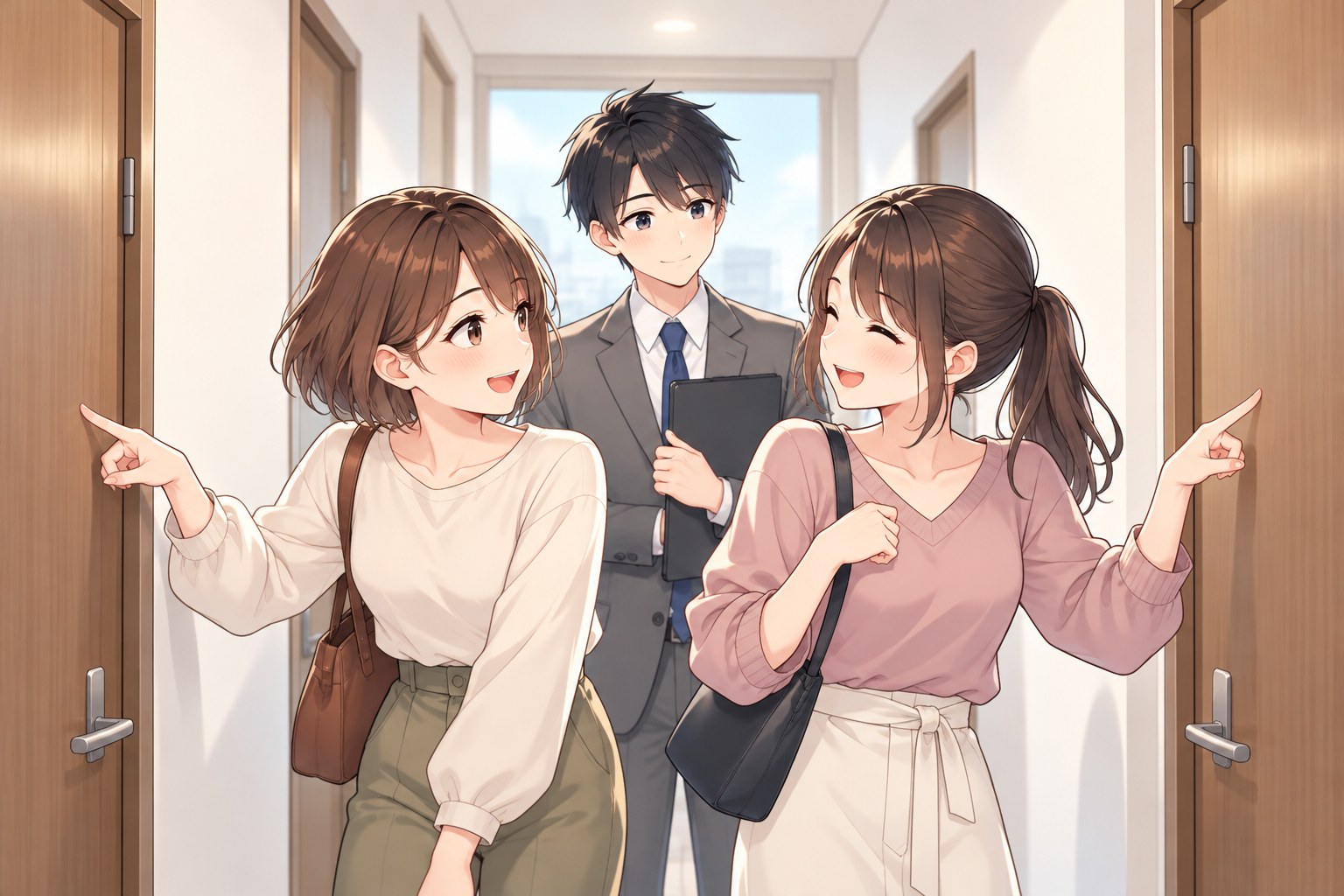 内見中の2DKの廊下で、左右の部屋を指さして笑い合う二人の女性と、後ろで微笑む正直くん