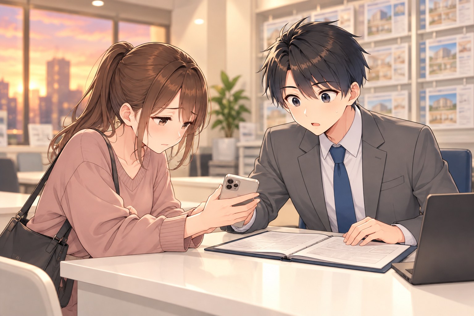 夕方の店で、一人で来店した女性がスマホの画面を見せ、契約書を前に驚く正直くん