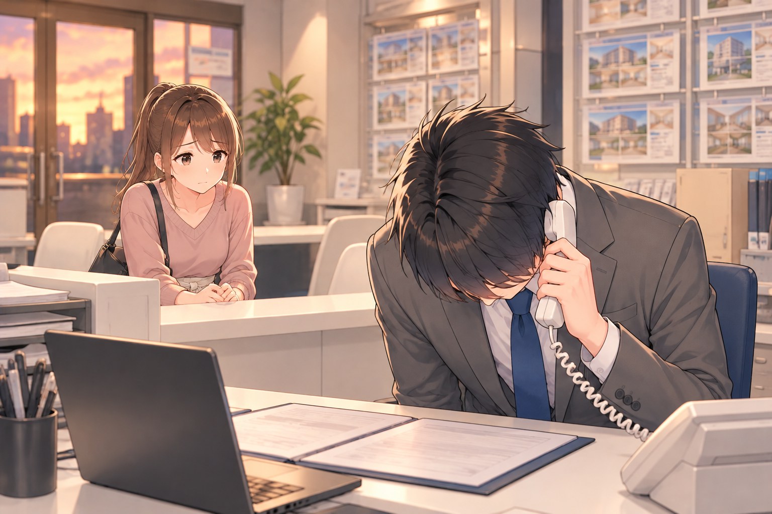 受話器を耳に当てたまま深く頭を下げる正直くんと、カウンターで心配そうに見守る女性